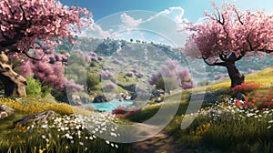 spring landscape with blooming trees and flowers. 3d render illustration
