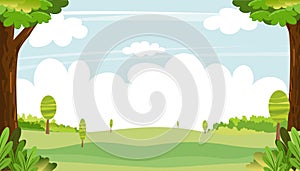 Spring landscape with blue sky and clouds,Panorama Green fields with copy space, fresh and peaceful rural nature in springtime