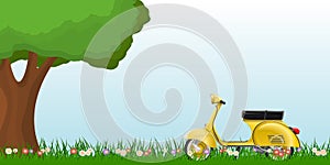 Spring landscape with a classic scooter on grass with flowers