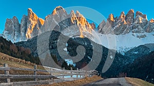 Spring landscape Dolomites Alps Santa Maddalena village Val di Funes valley South Tyrol Italy.