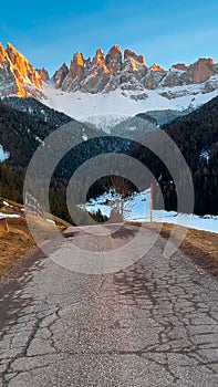 Spring landscape Dolomites Alps Santa Maddalena village Val di Funes valley South Tyrol Italy.