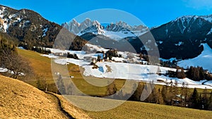 Spring landscape Dolomites Alps Santa Maddalena village Val di Funes valley South Tyrol Italy