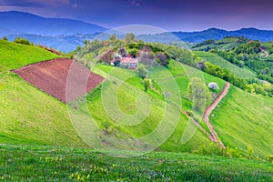 Spring landscape and farmland,Holbav,Transylvania,Romania,Europe