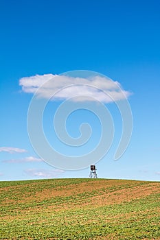 Spring landscape with field, hunting hide and blue sky