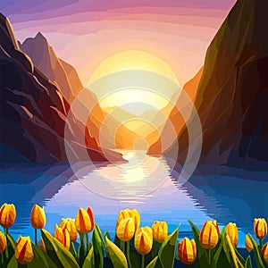 Spring landscape field tulips against backdrop mountains. Huge field colorful tulips, sky with clouds and sunset with