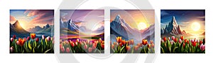 Spring landscape field tulips against backdrop mountains. Huge field colorful tulips, sky with clouds and sunset with