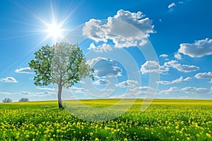 Spring landscape with field of yellow rapeseed flowers, dandelions on blue sky background with clouds