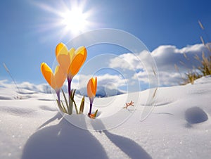 spring landscape with first yellow crocuses flowers on snow