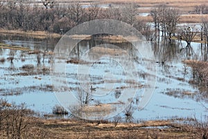 Spring landscape - flood in river valley of the Siverskyi Seversky Donets with lonely boatman in the water