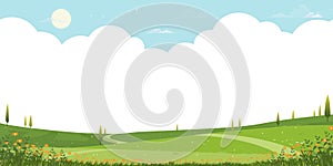 Spring landscape with flower,Tree in park,Cartoon Vector illustration green grass meadow on hills with cloud blue sky,Banner