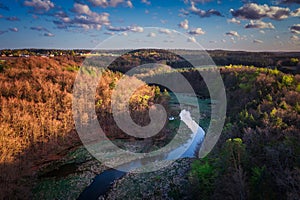 Spring landscape of the forest and twisted Radunia river in Kashubia. Poland