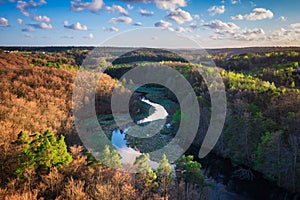 Spring landscape of the forest and twisted Radunia river in Kashubia. Poland