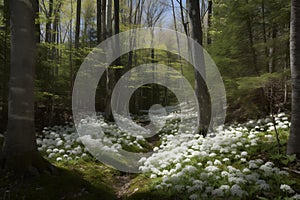 Spring landscape in the forest with white flowers. Neural network AI generated