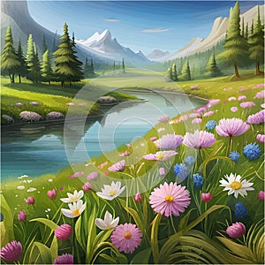 Spring landscape in green field colorful wildflowers and sunset, cartoon rural