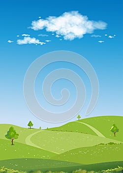 Spring Landscape Green fields,Mountain,Blue Sky and Clouds Background,Vertical peaceful rural nature Sunnyday Summer with grass