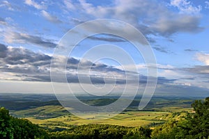 Spring landscape with green grass and blue sky