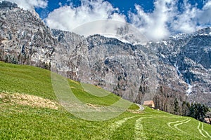 Spring landscape with hiking trail in the Alps with fresh green mountain pastures and snow-capped mountain tops in the background