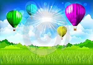 Spring landscape with hot air balloons