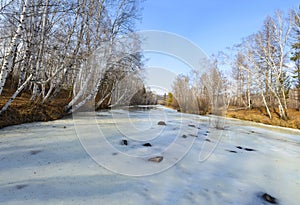 Spring landscape with the ice river and blue sky