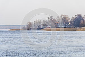 Spring landscape with lake overgrown with reeds near the coast, nature background with dry reed grass