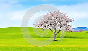 Spring landscape with a lone tree on a hill. Generative AI