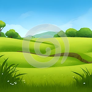 Spring landscape morning in valley with green meadow on hills, blue sky, Spring panorama grass land view , Countryside with green