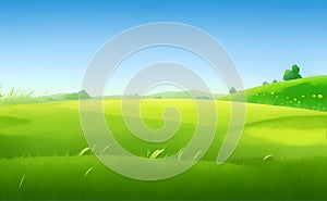 Spring landscape morning in valley with green meadow on hills, blue sky, Spring panorama grass land view , Countryside with green