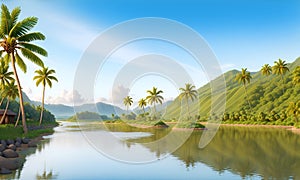 Spring landscape morning in village with green meadow on hills, orang and blue sky, Spring panorama view by the river, Countryside