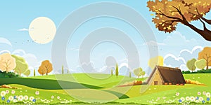Spring Landscape,Mountain with green field,blue sky and clouds,Panorama Summer rural nature in with grass land on hill.Cartoon
