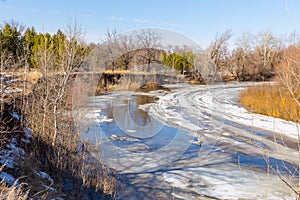 Spring landscape. Movement of floes on the river.