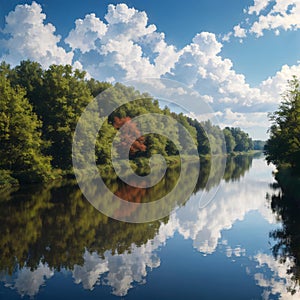 Spring landscape with Narew river and clouds on the blue sky made with Generative AI