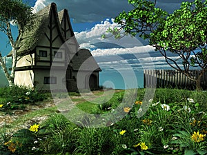 Spring landscape with old cottage