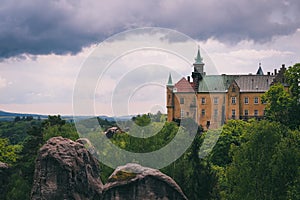 Spring landscape panorama of Bohemian Paradise, Czech: Cesky Raj. Hruba Skala castle and Trosky ruins. Czech Republic