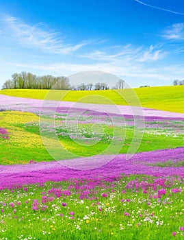 Spring landscape panorama with flowering flowers on meadow,