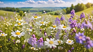 Spring landscape panorama with flowering flowers on meadow. white chamomile and purple bluebells blossom on field