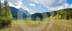Spring landscape panorama lake Lautersee, bavarian alps, tourist destination Mittenwald