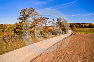 A spring landscape with a plowed field and a sandy road