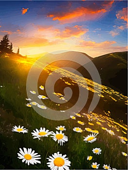 Spring landscape poppy field on background mountains with. Sunset sky, wildlife