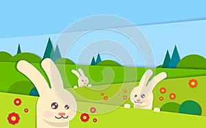 Spring Landscape Rabbit Bunny With Green Grass Blue Sky Easter Holiday