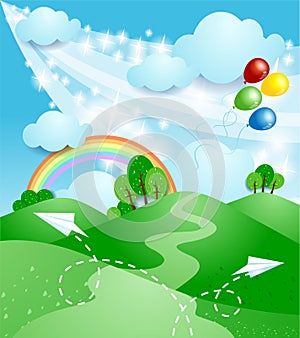 Spring landscape with rainbow