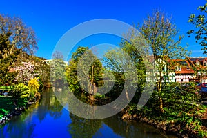 Spring landscape with river in Gelnhausen, Germany
