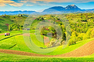 Spring landscape and rural village,Holbav,Transylvania,Romania,Europe