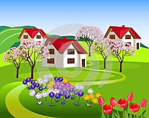 Spring landscape with small houses.