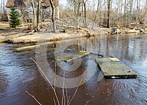 Spring landscape with a small wild river, bare trees without leaves, old board platform in a flooded river