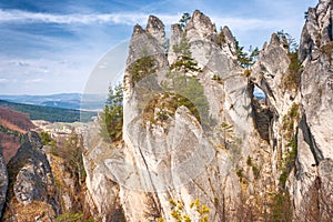 Spring landscape, The Sulov rocks with gothic gate, Slovakia.