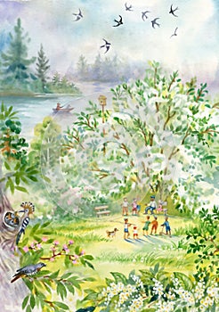 Spring landscape with swallows