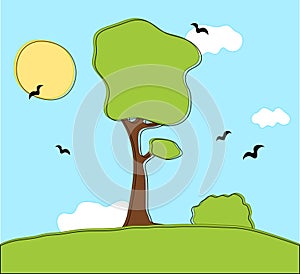 Spring landscape with tree, bush, birds, clouds, sun