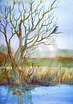 Spring landscape with a tree, a pond and a crow, watercolor