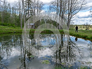 Spring landscape with tree silhouettes, green grass and a small pond, reflections of clouds and trees in the water