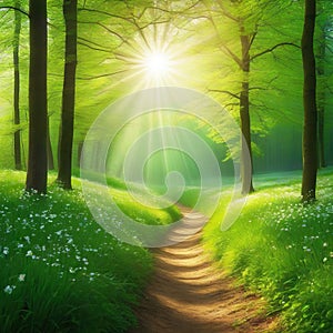 spring Landscape with trees with green rays of the sun breaking through the Background